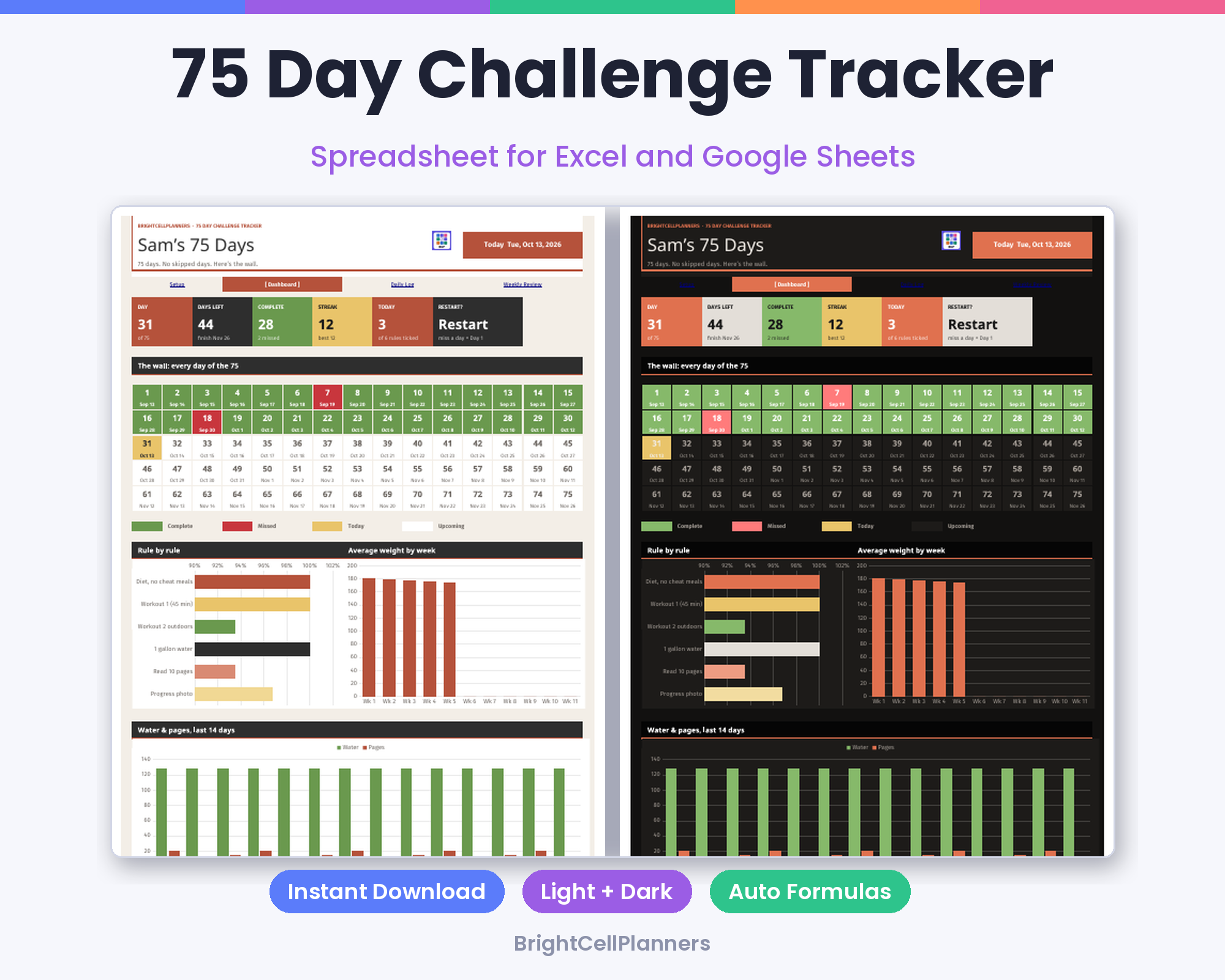 75 Day Challenge Tracker – Spreadsheets by BrightCellPlanStudio