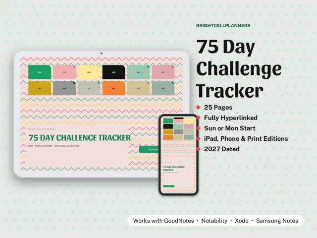 75 Day Challenge Tracker – Digital Planners by BrightCellPlanStudio