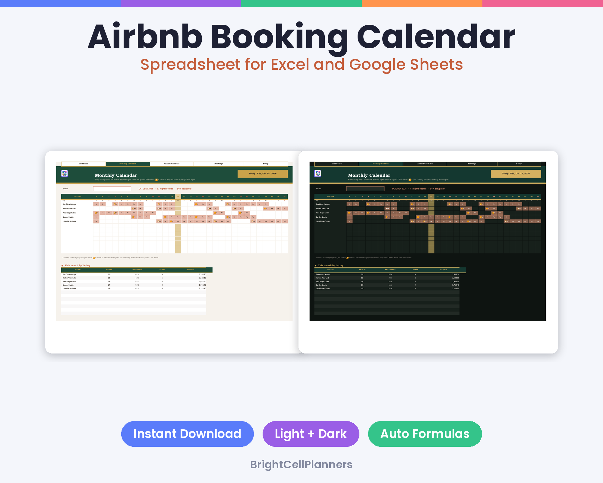Airbnb Booking Calendar – Spreadsheets by BrightCellPlanStudio