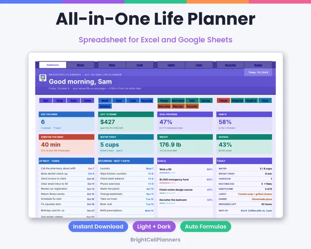 All-in-One Life Planner – Spreadsheets by BrightCellPlanStudio