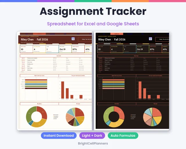 Assignment Tracker – Spreadsheets by BrightCellPlanStudio