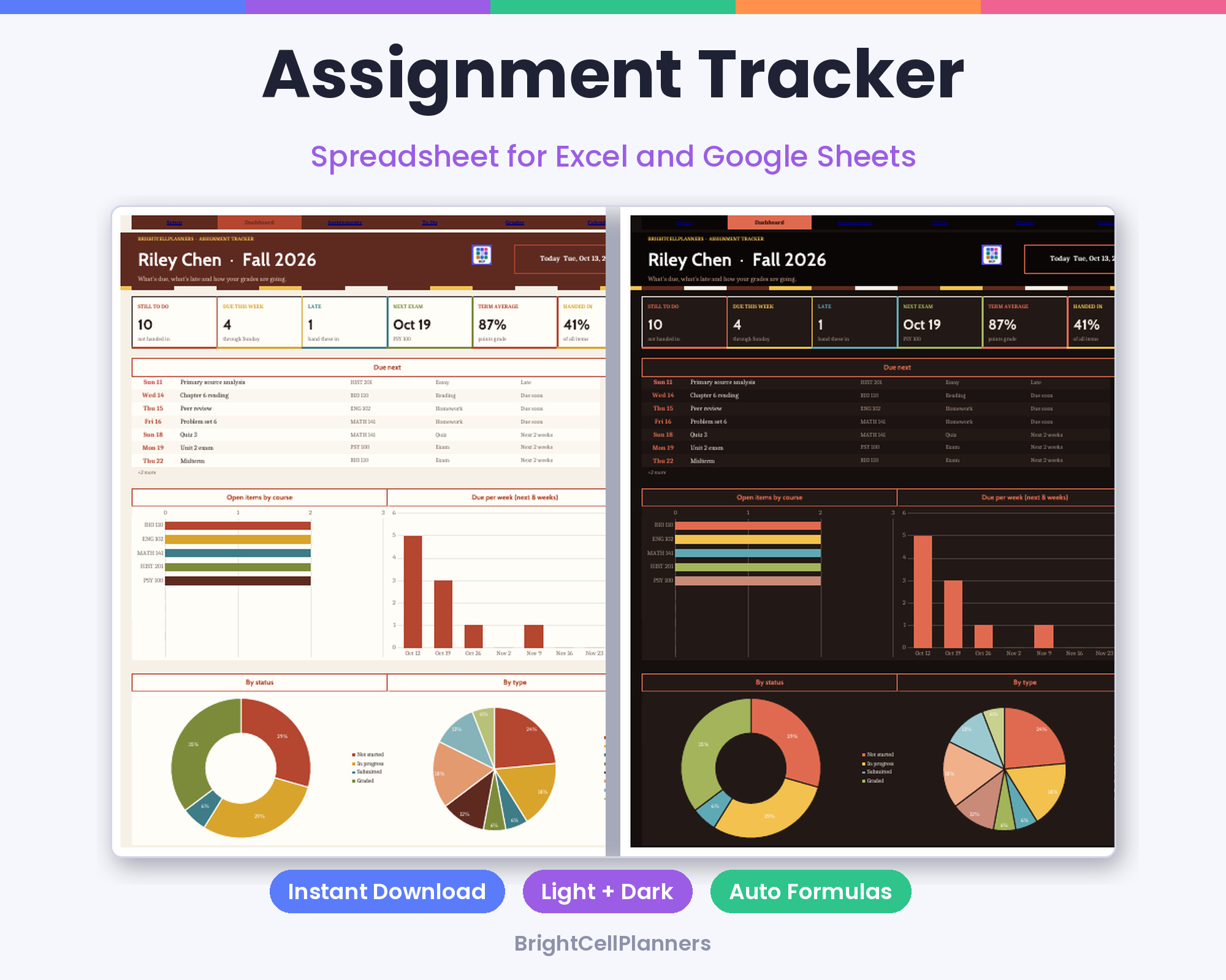 Assignment Tracker – Spreadsheets by BrightCellPlanStudio