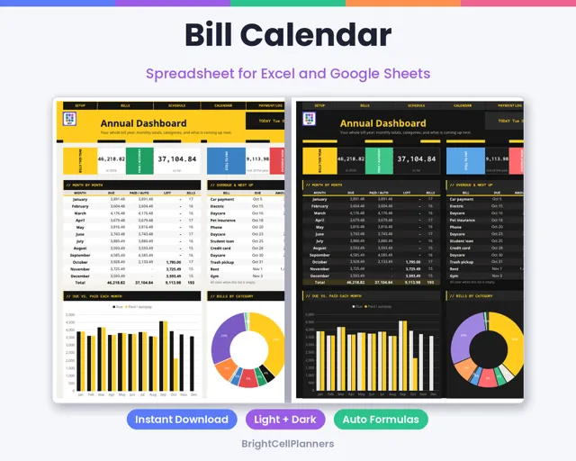 Bill Calendar – Spreadsheets by BrightCellPlanStudio