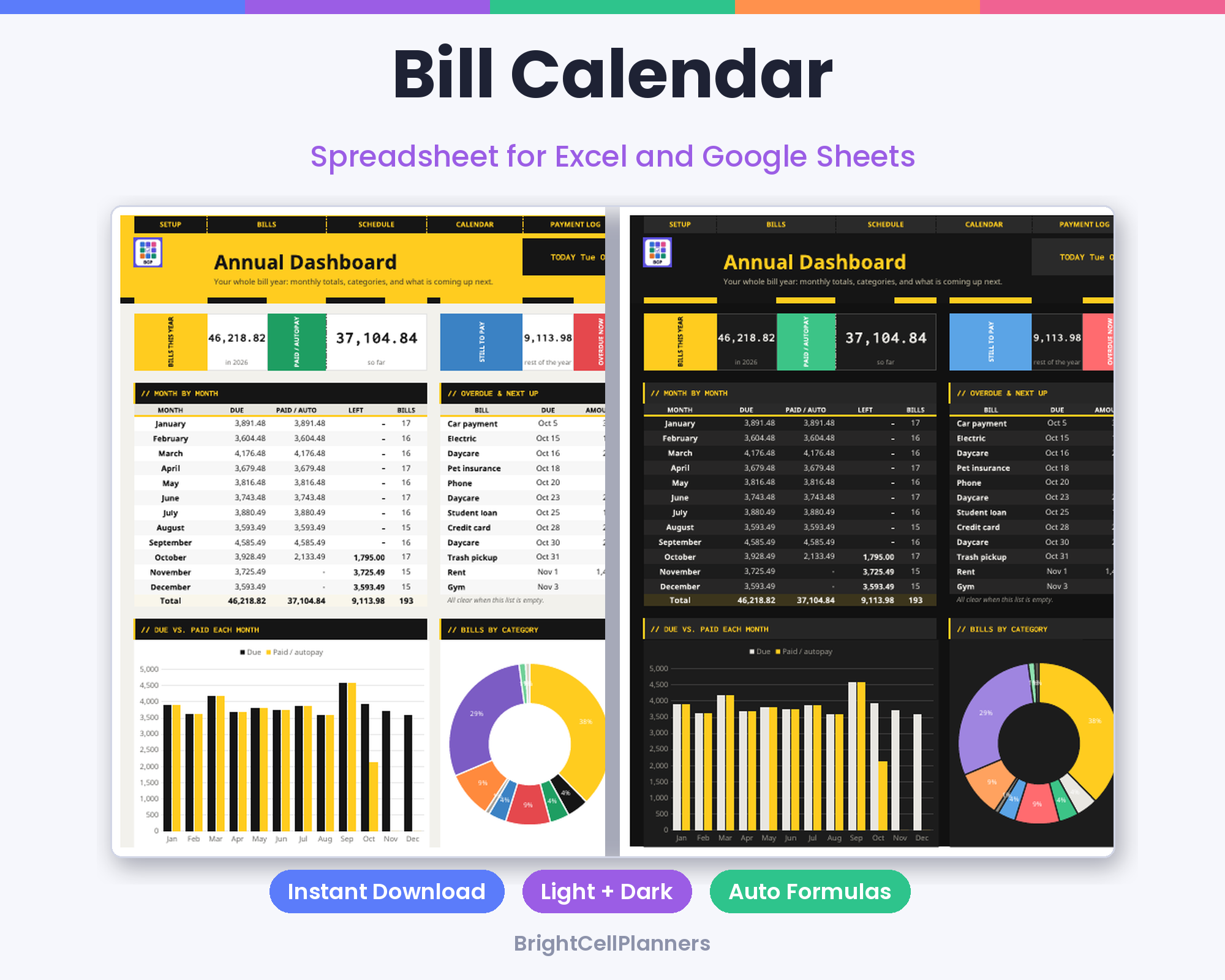 Bill Calendar – Spreadsheets by BrightCellPlanStudio