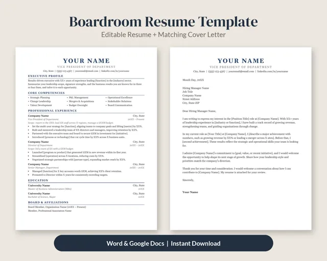 Boardroom Executive Resume Template + Cover Letter – Resume Templates by SpoonfulOfCalmStudio