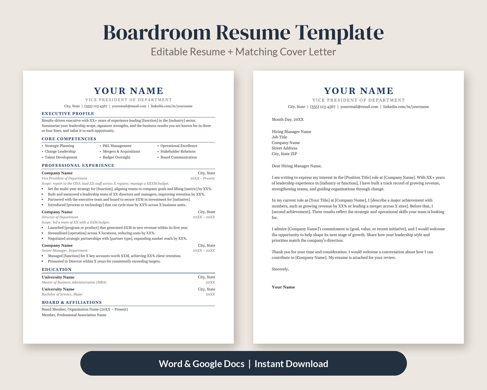 Boardroom Executive Resume Template + Cover Letter – Resume Templates by SpoonfulOfCalmStudio