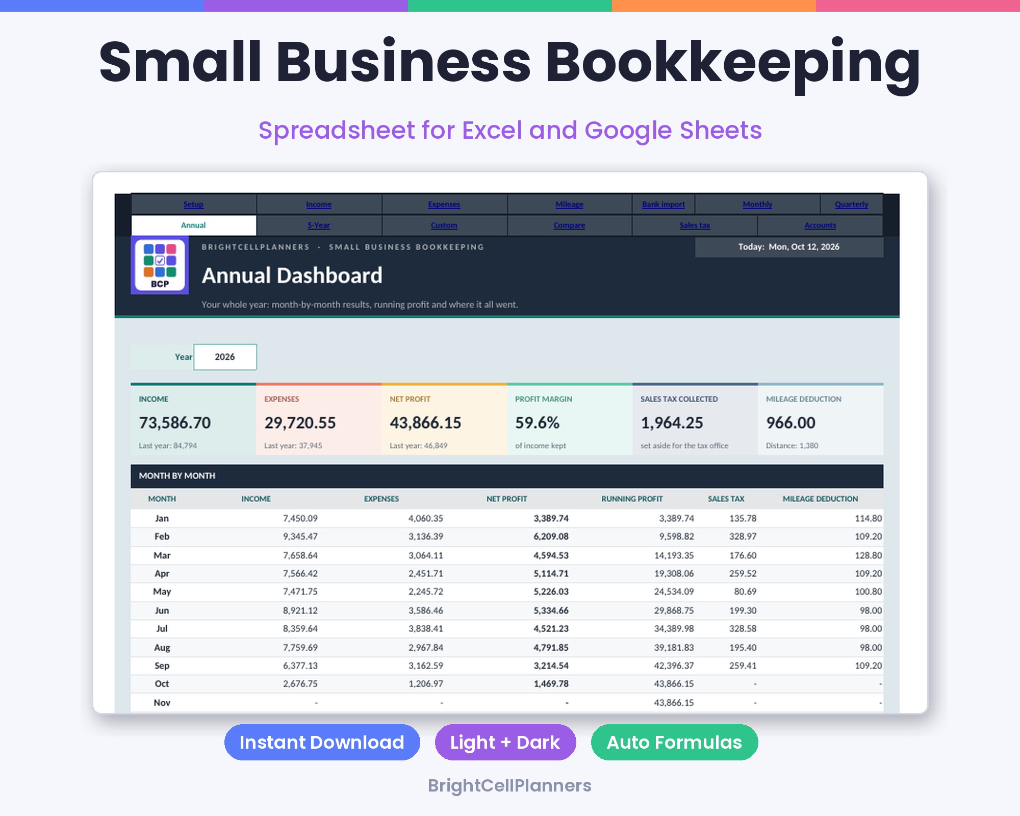 Small Business Bookkeeping – Spreadsheets by BrightCellPlanStudio