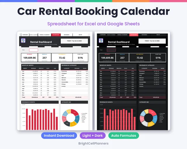 Car Rental Booking Calendar – Spreadsheets by BrightCellPlanStudio