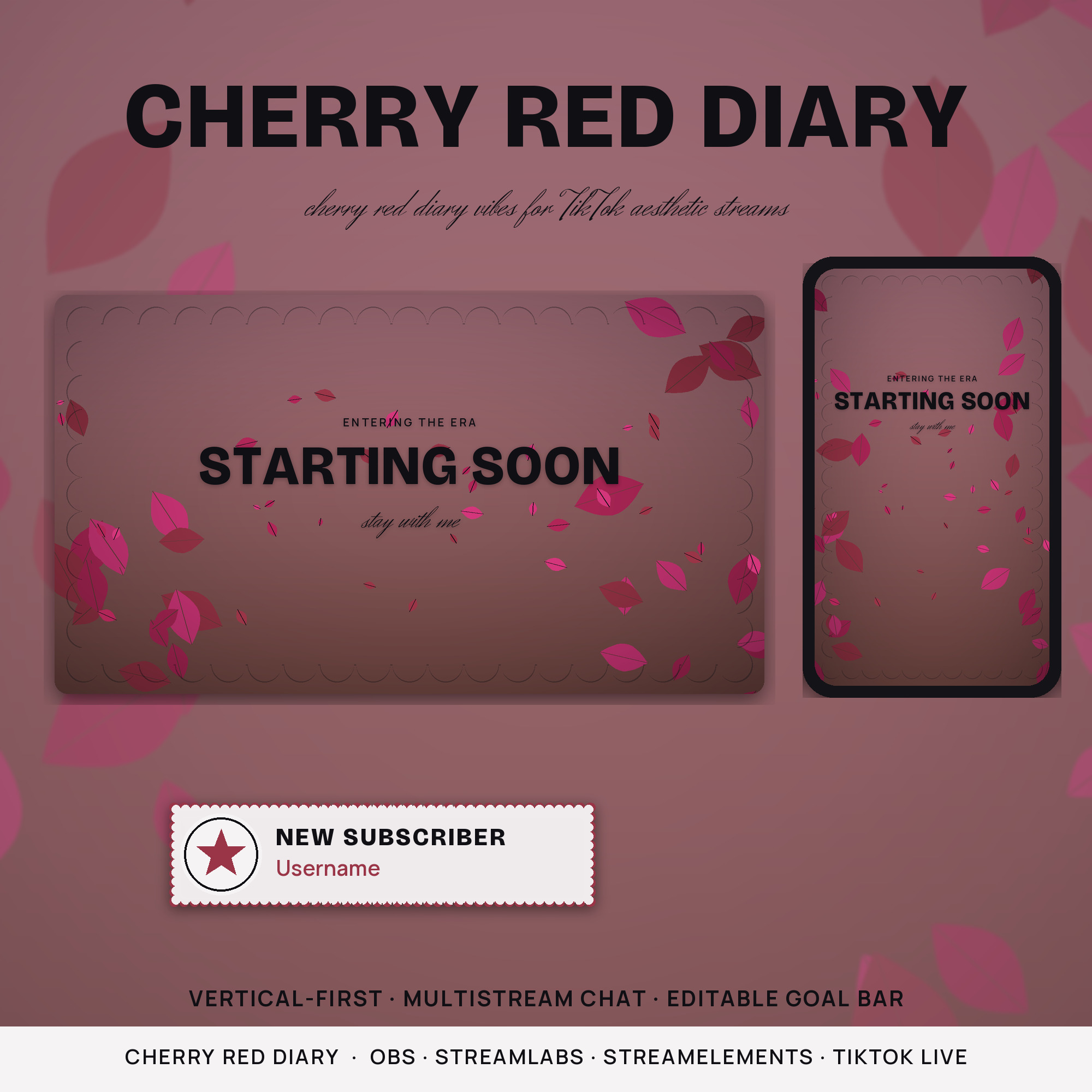 Cherry Red Diary OBS Overlay Pack – OBS Stream Overlays by SpoonfulOfCalmStudio