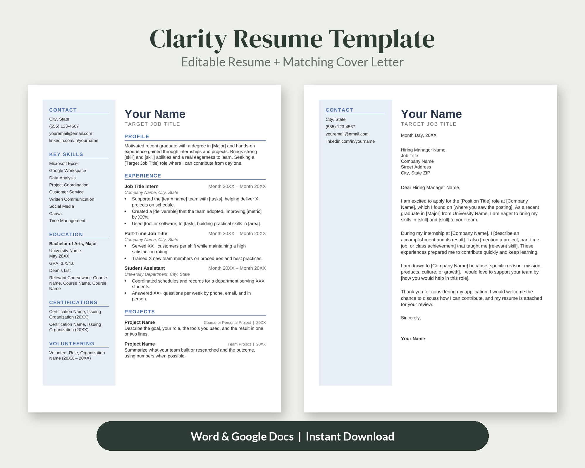 Clarity Entry-Level Resume Template – Resume Templates by SpoonfulOfCalmStudio