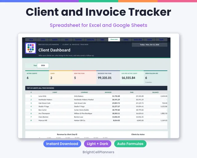 Client and Invoice Tracker – Spreadsheets by BrightCellPlanStudio