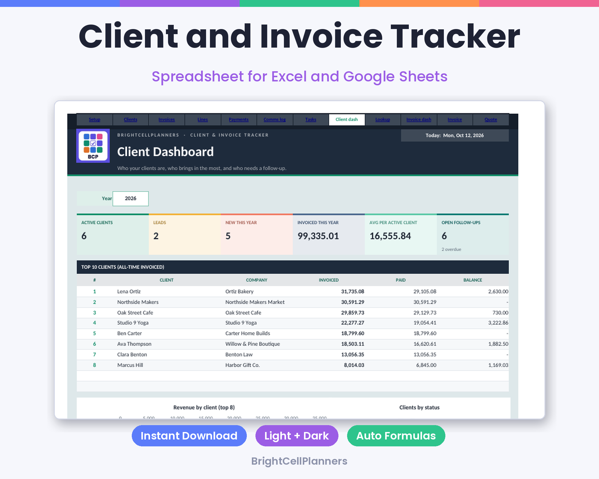 Client and Invoice Tracker – Spreadsheets by BrightCellPlanStudio