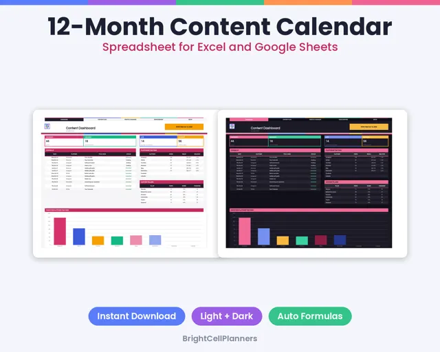 12 Month Content Calendar – Spreadsheets by BrightCellPlanStudio