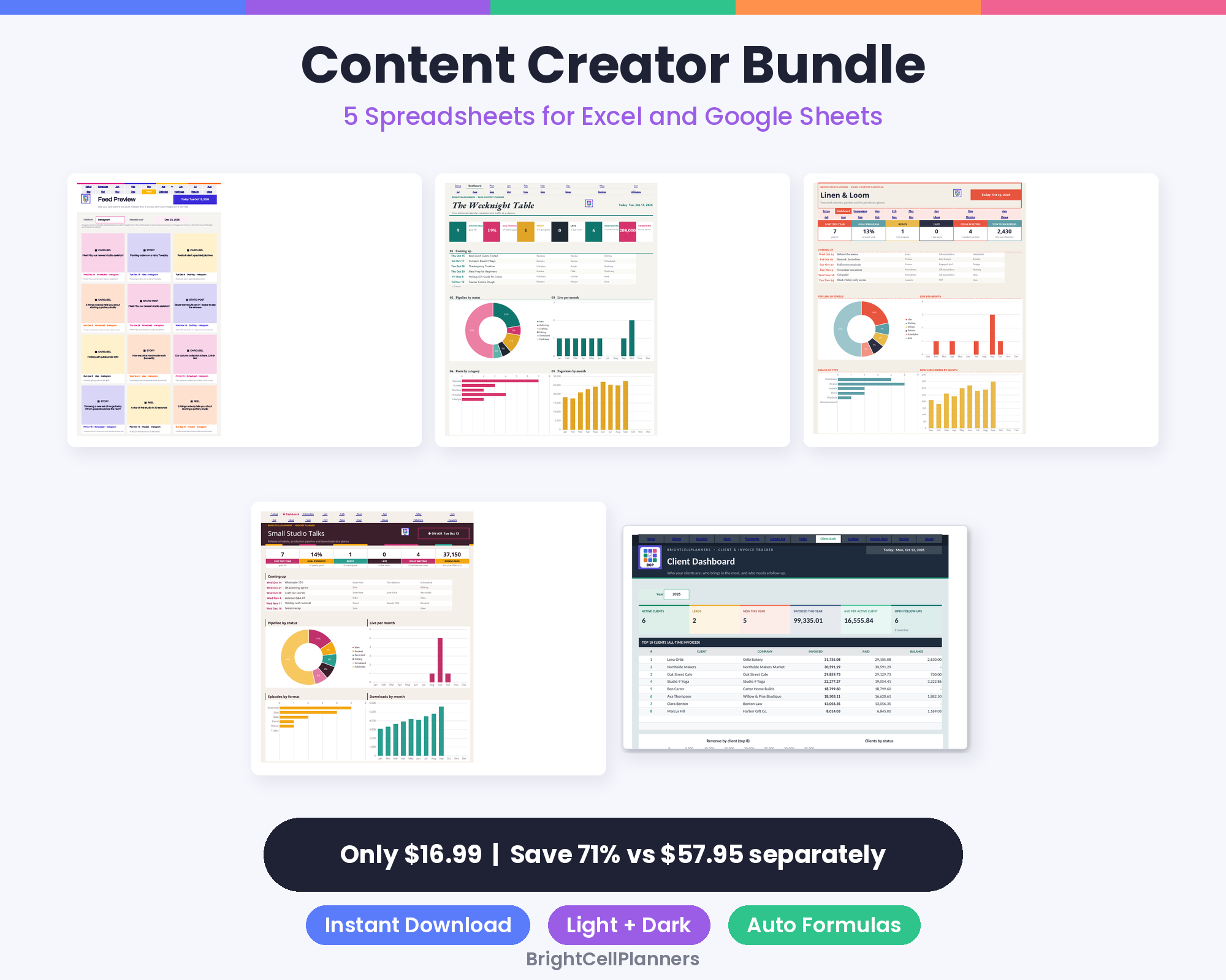 Content Creator Spreadsheet Bundle – Spreadsheets by BrightCellPlanStudio
