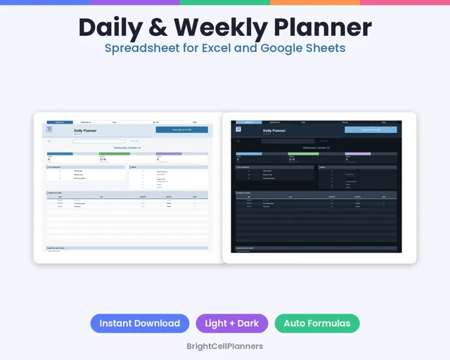 Daily and Weekly Planner – Spreadsheets by BrightCellPlanStudio