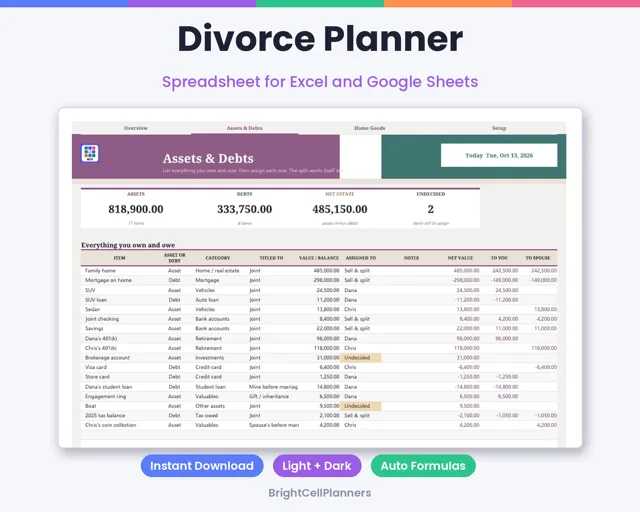 Divorce Planner – Spreadsheets by BrightCellPlanStudio