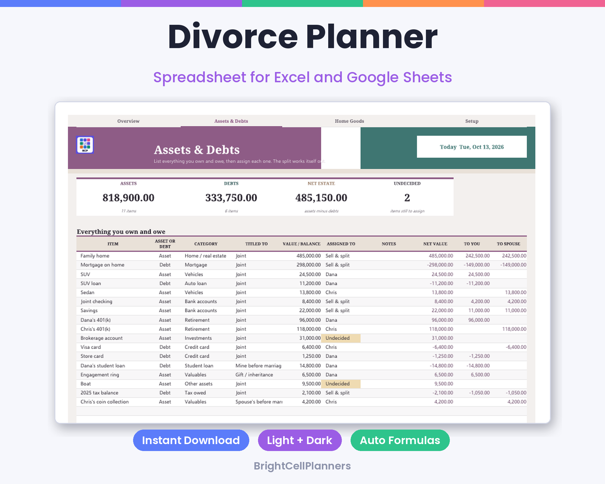 Divorce Planner – Spreadsheets by BrightCellPlanStudio
