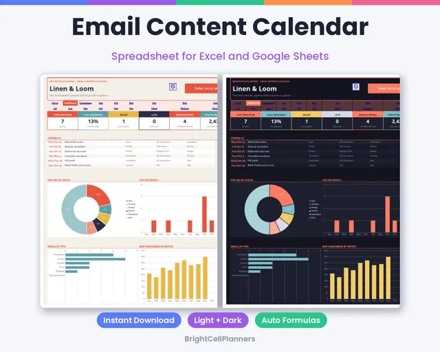 Email Marketing Content Calendar – Spreadsheets by BrightCellPlanStudio