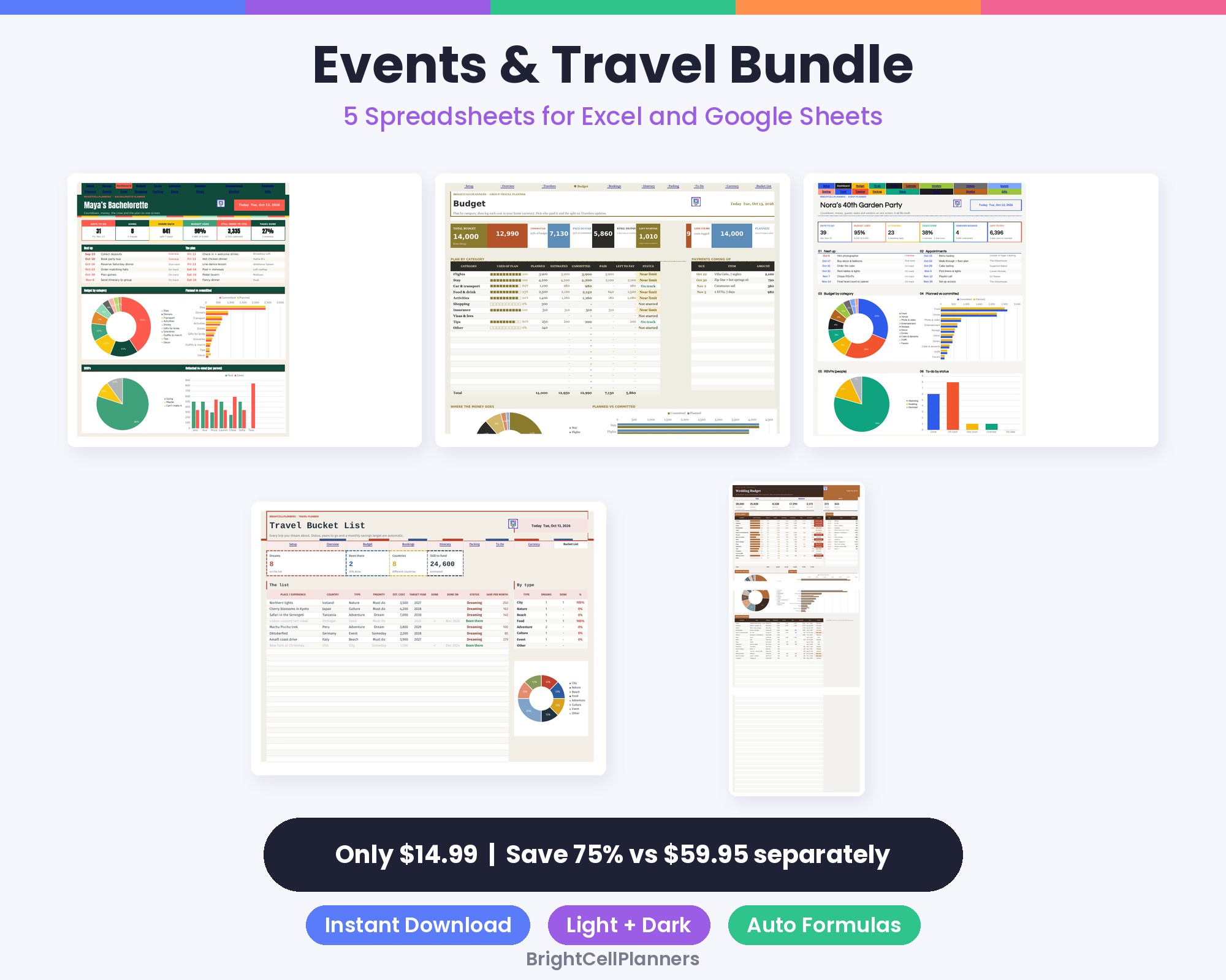 Events and Travel Spreadsheet Bundle – Spreadsheets by BrightCellPlanStudio