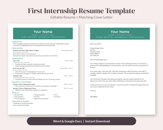 First Internship Student Resume Template + Cover Letter – Resume Templates by SpoonfulOfCalmStudio