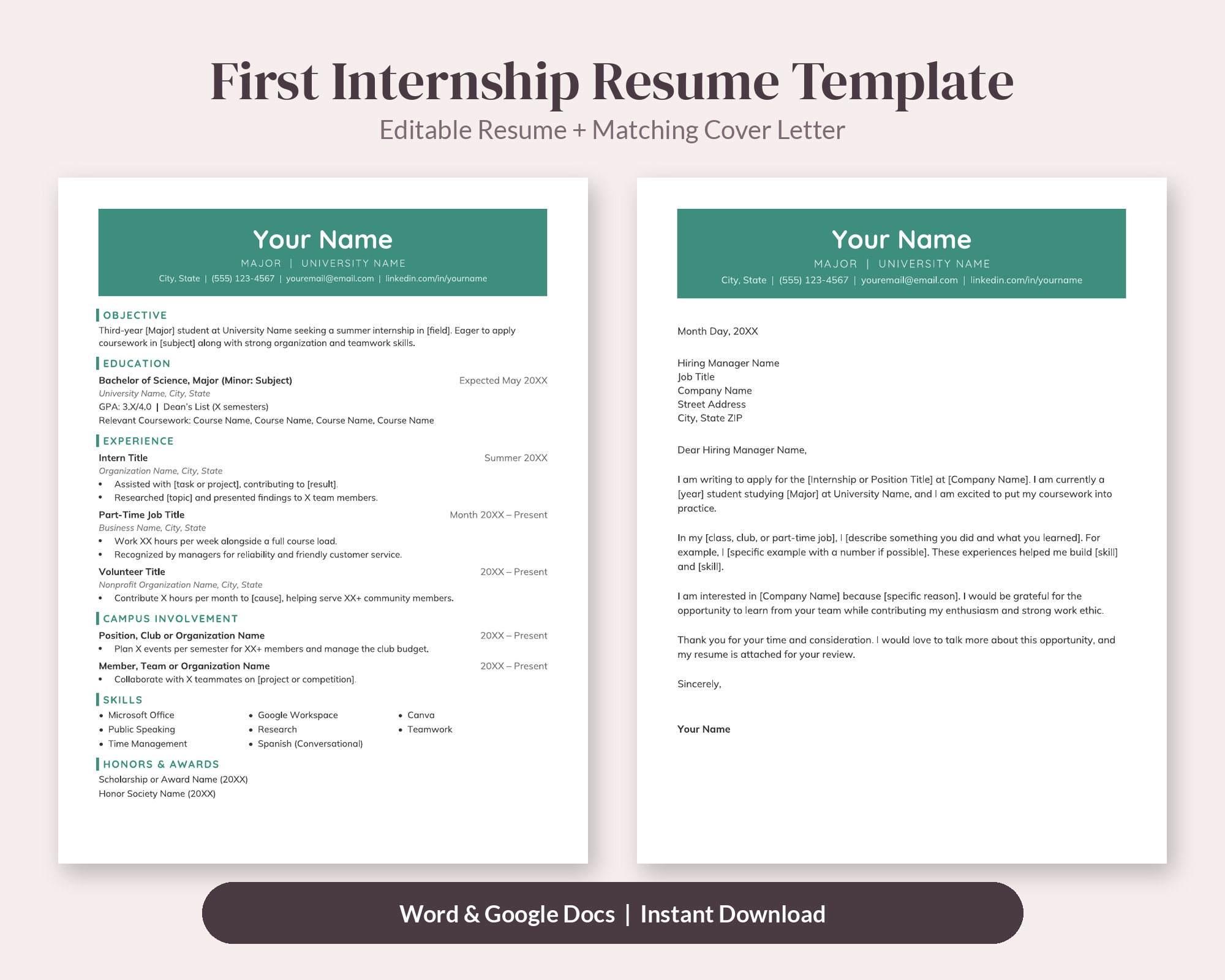 First Internship Student Resume Template + Cover Letter – Resume Templates by SpoonfulOfCalmStudio