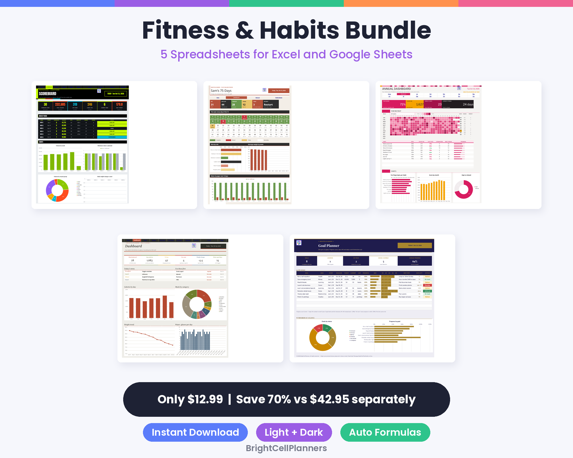 Fitness and Habits Spreadsheet Bundle – Spreadsheets by BrightCellPlanStudio