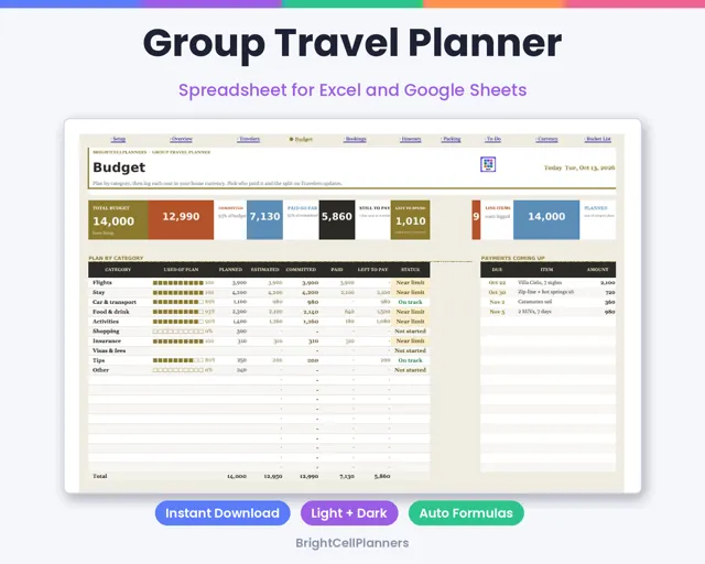 Group Travel Planner – Spreadsheets by BrightCellPlanStudio
