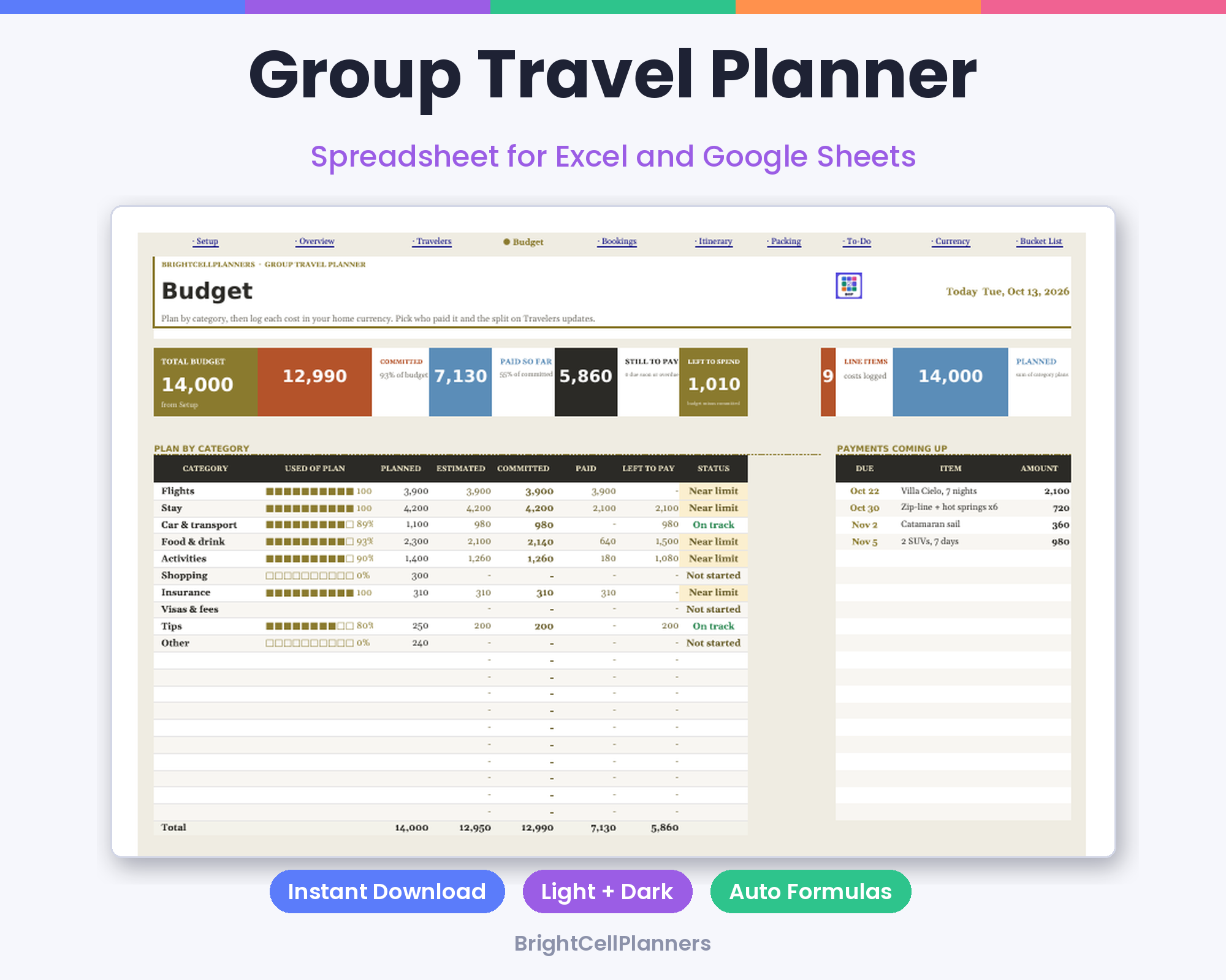 Group Travel Planner – Spreadsheets by BrightCellPlanStudio