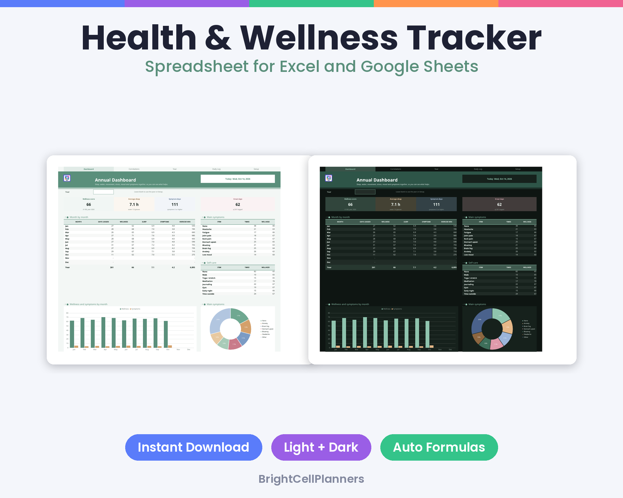 Health and Wellness Tracker – Spreadsheets by BrightCellPlanStudio