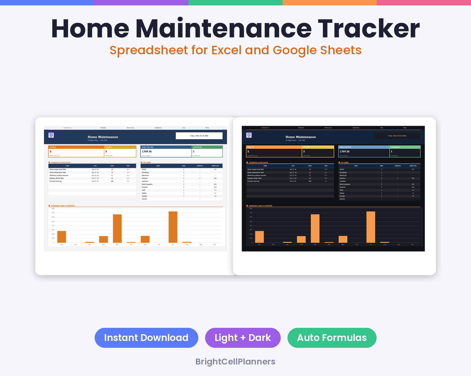 Home Maintenance Tracker – Spreadsheets by BrightCellPlanStudio