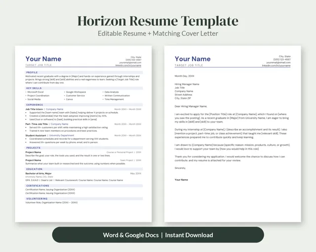 Horizon Entry Level Resume Template + Cover Letter – Resume Templates by SpoonfulOfCalmStudio