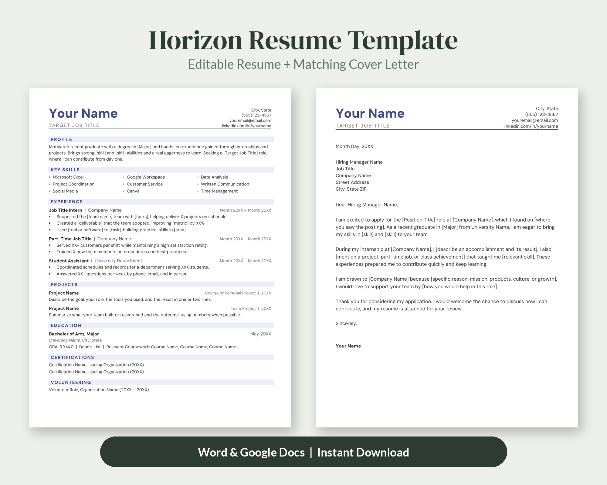 Horizon Entry Level Resume Template + Cover Letter – Resume Templates by SpoonfulOfCalmStudio