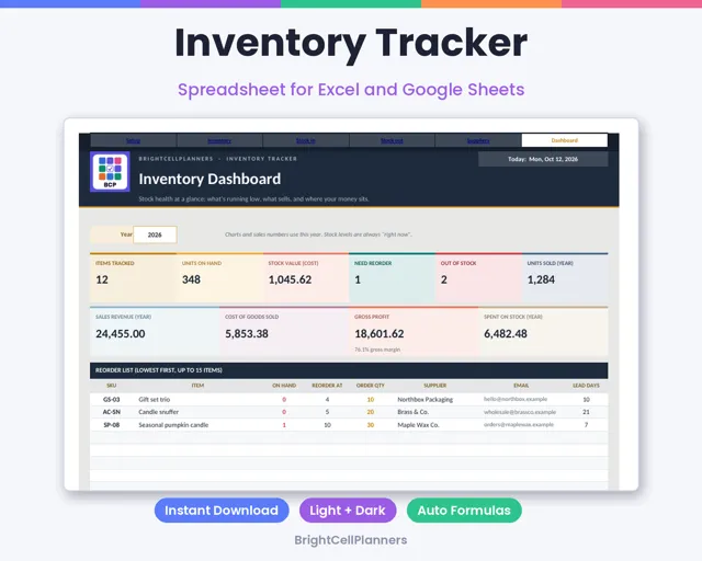 Inventory Tracker – Spreadsheets by BrightCellPlanStudio