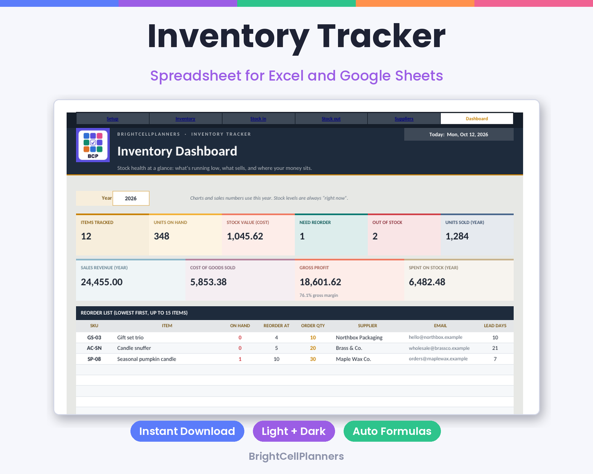 Inventory Tracker – Spreadsheets by BrightCellPlanStudio