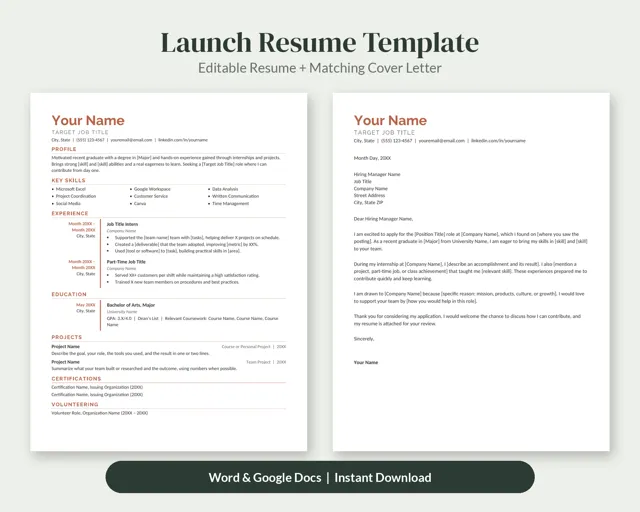 Launch Entry Level Resume Template + Cover Letter – Resume Templates by SpoonfulOfCalmStudio
