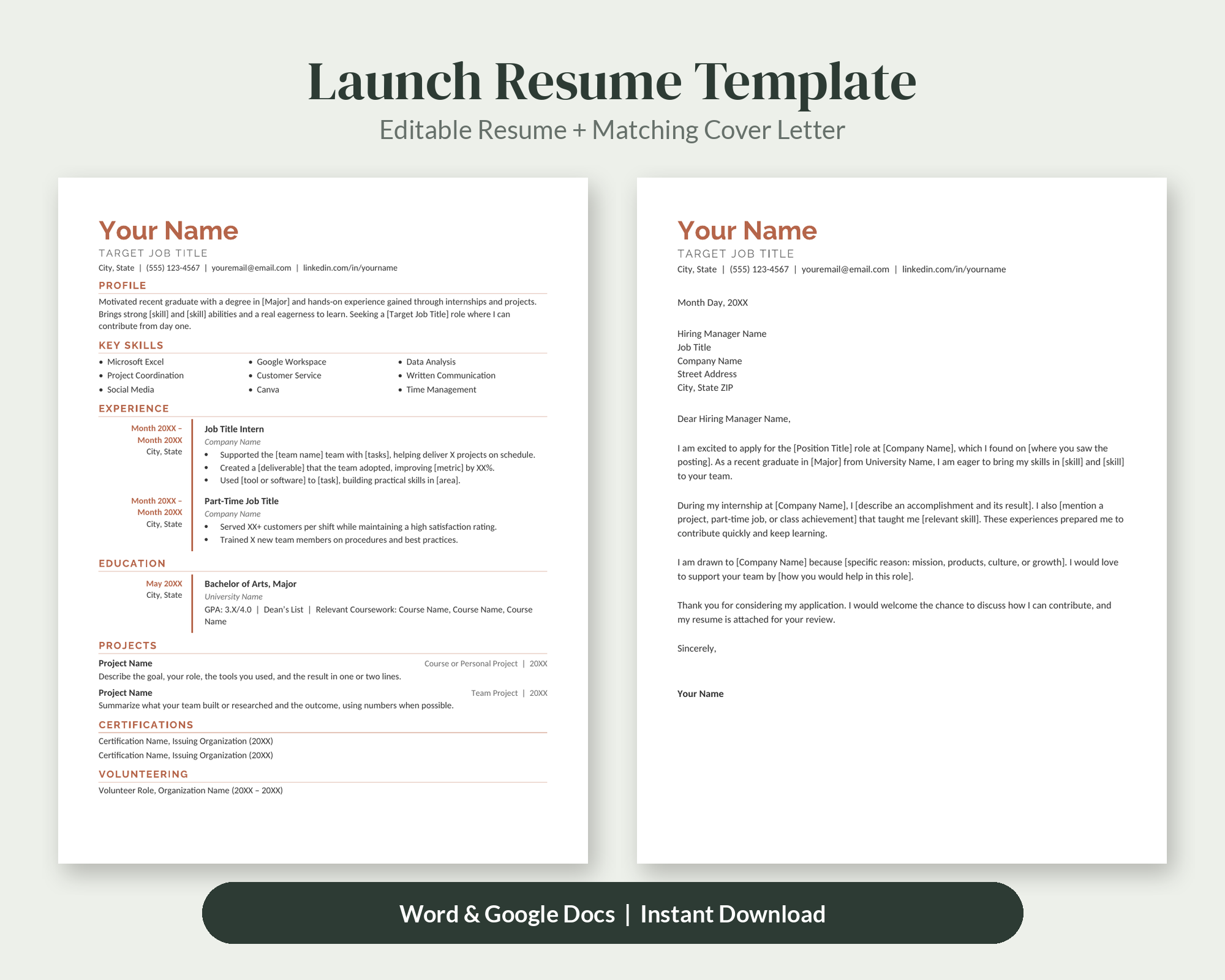 Launch Entry Level Resume Template + Cover Letter – Resume Templates by SpoonfulOfCalmStudio