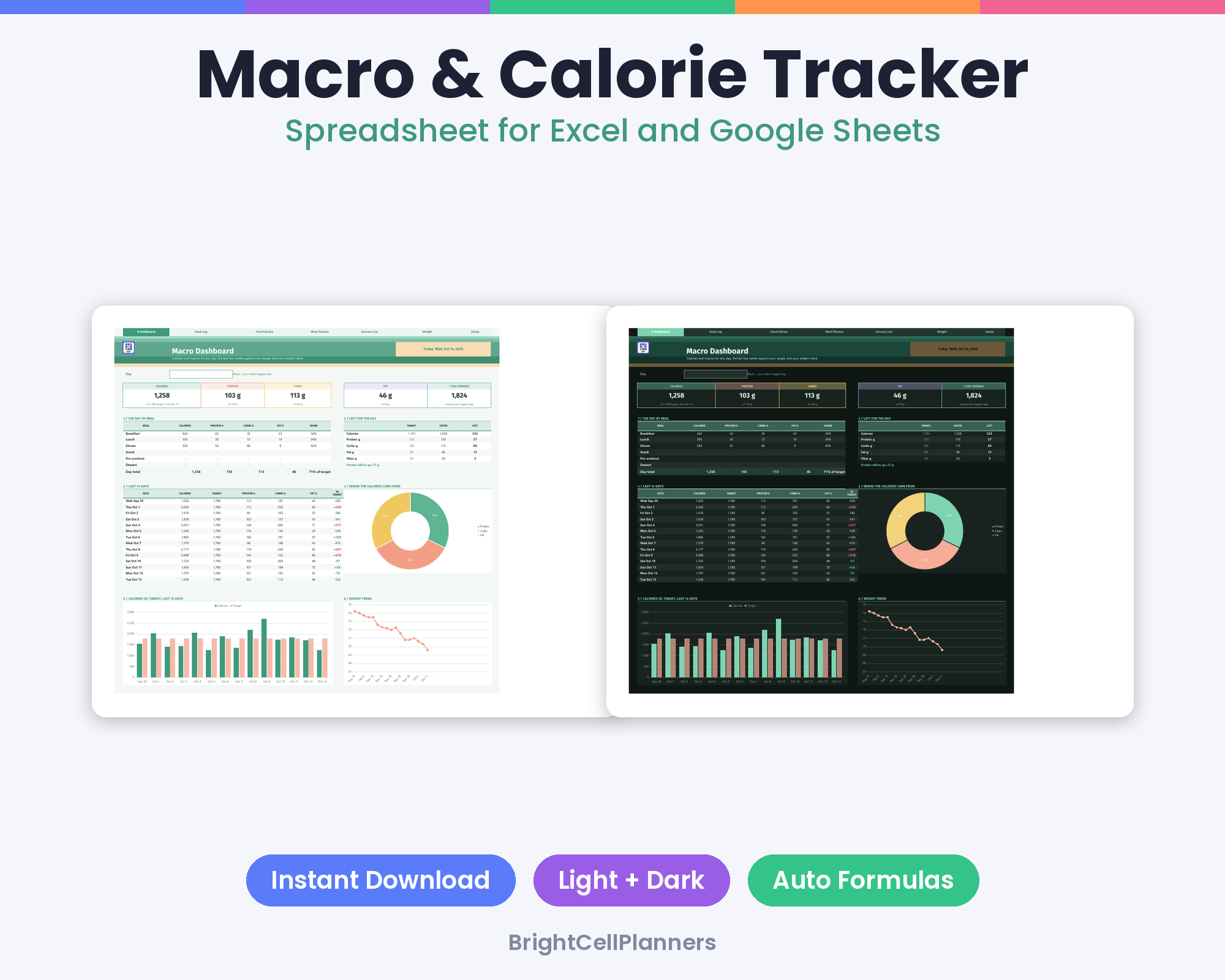 Macro & Calorie Tracker – Spreadsheets by BrightCellPlanStudio