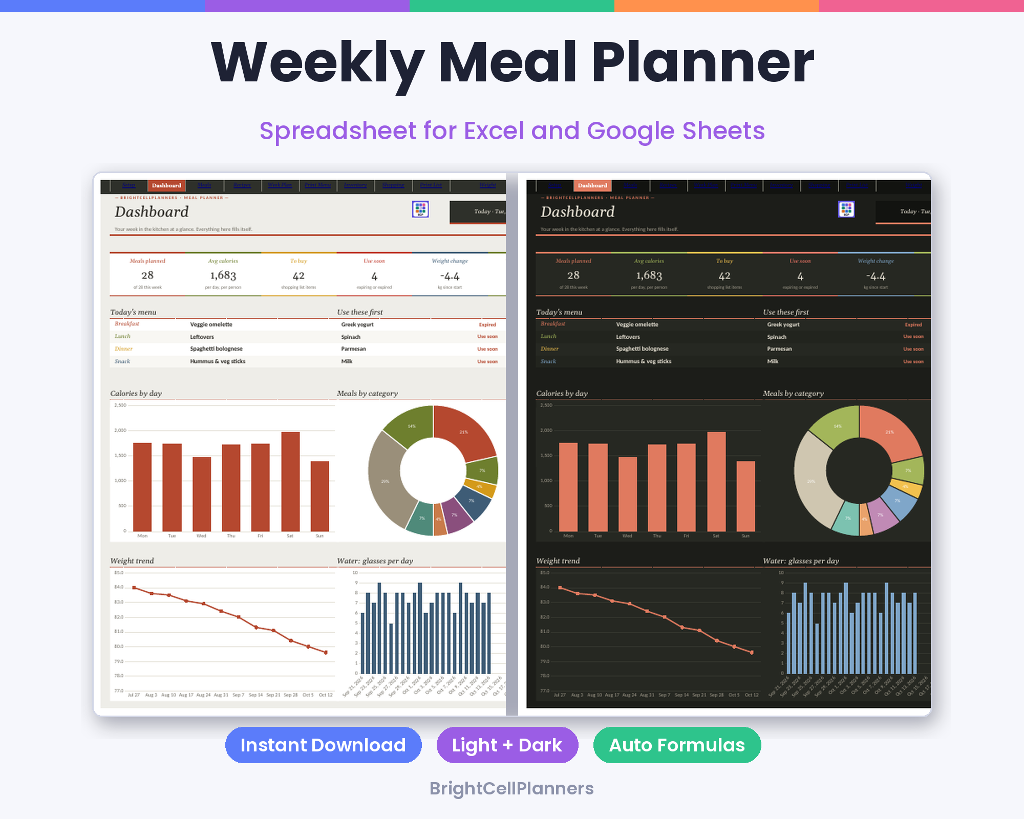 Weekly Meal Planner – Spreadsheets by BrightCellPlanStudio