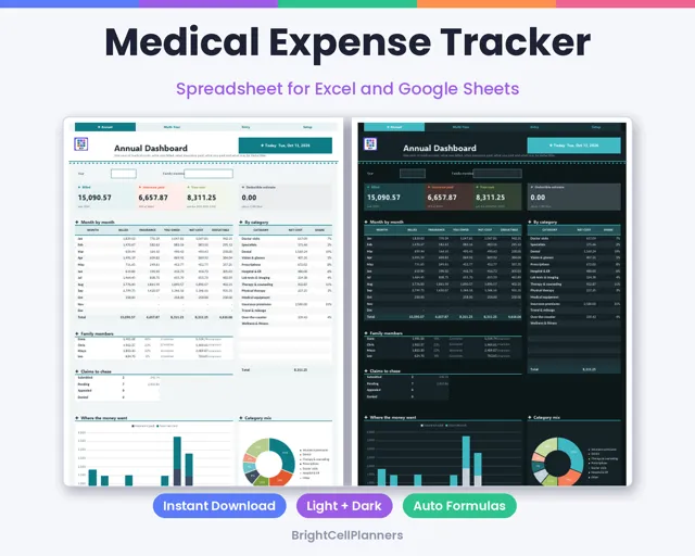 Medical Expense Tracker – Spreadsheets by BrightCellPlanStudio