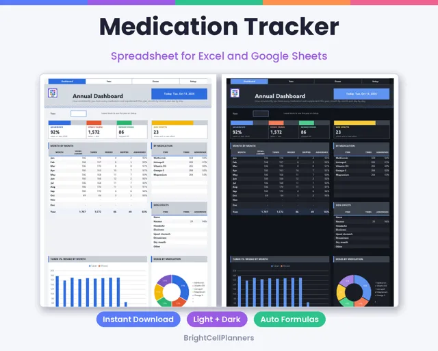 Medication Tracker – Spreadsheets by BrightCellPlanStudio