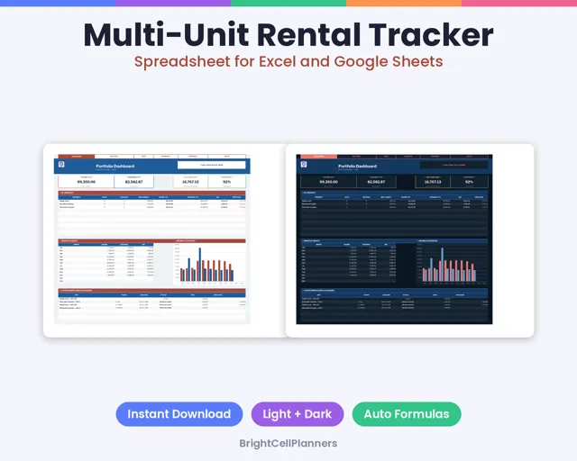 Multi Unit Rental Property Tracker – Spreadsheets by BrightCellPlanStudio