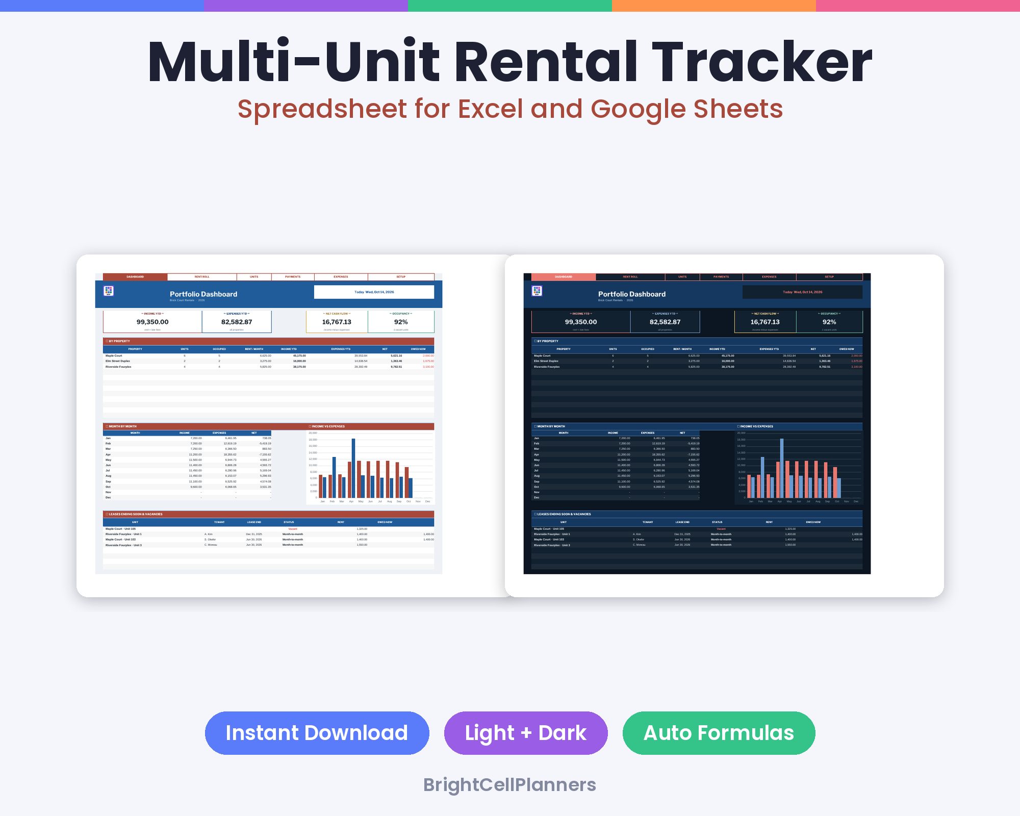 Multi Unit Rental Property Tracker – Spreadsheets by BrightCellPlanStudio