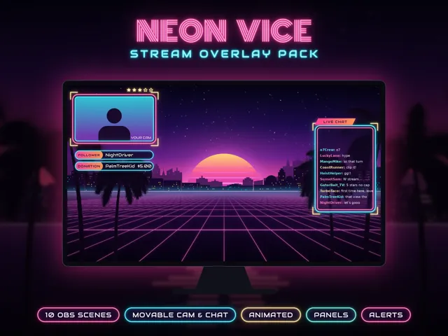 Neon Vice Stream Overlay Pack – OBS Stream Overlays by SpoonfulOfCalmStudio