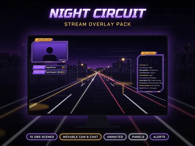 Night Circuit Stream Overlay Pack – OBS Stream Overlays by SpoonfulOfCalmStudio