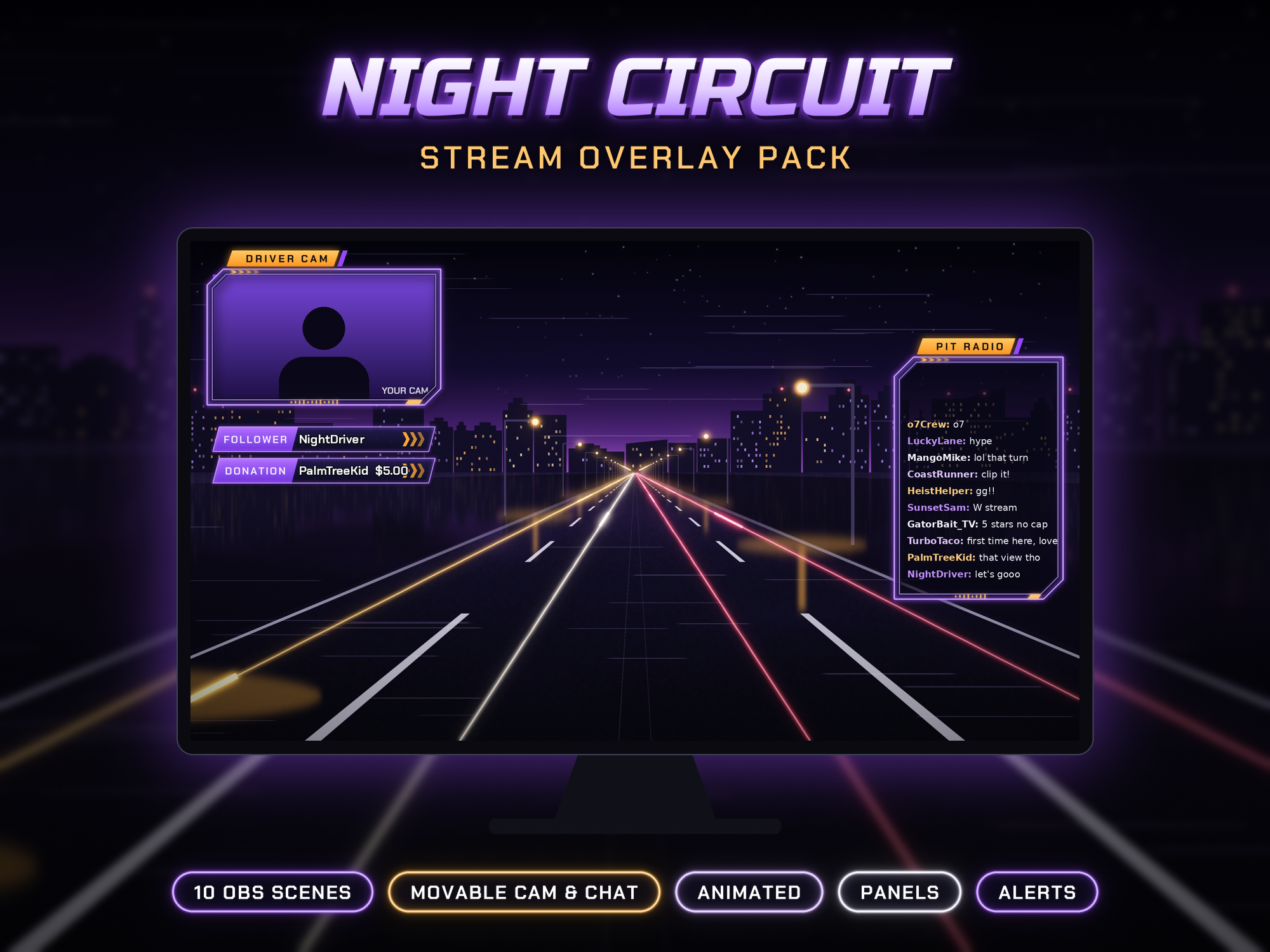 Night Circuit Stream Overlay Pack – OBS Stream Overlays by SpoonfulOfCalmStudio