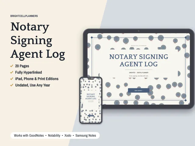 Notary Signing Agent Log – Digital Planners by BrightCellPlanStudio