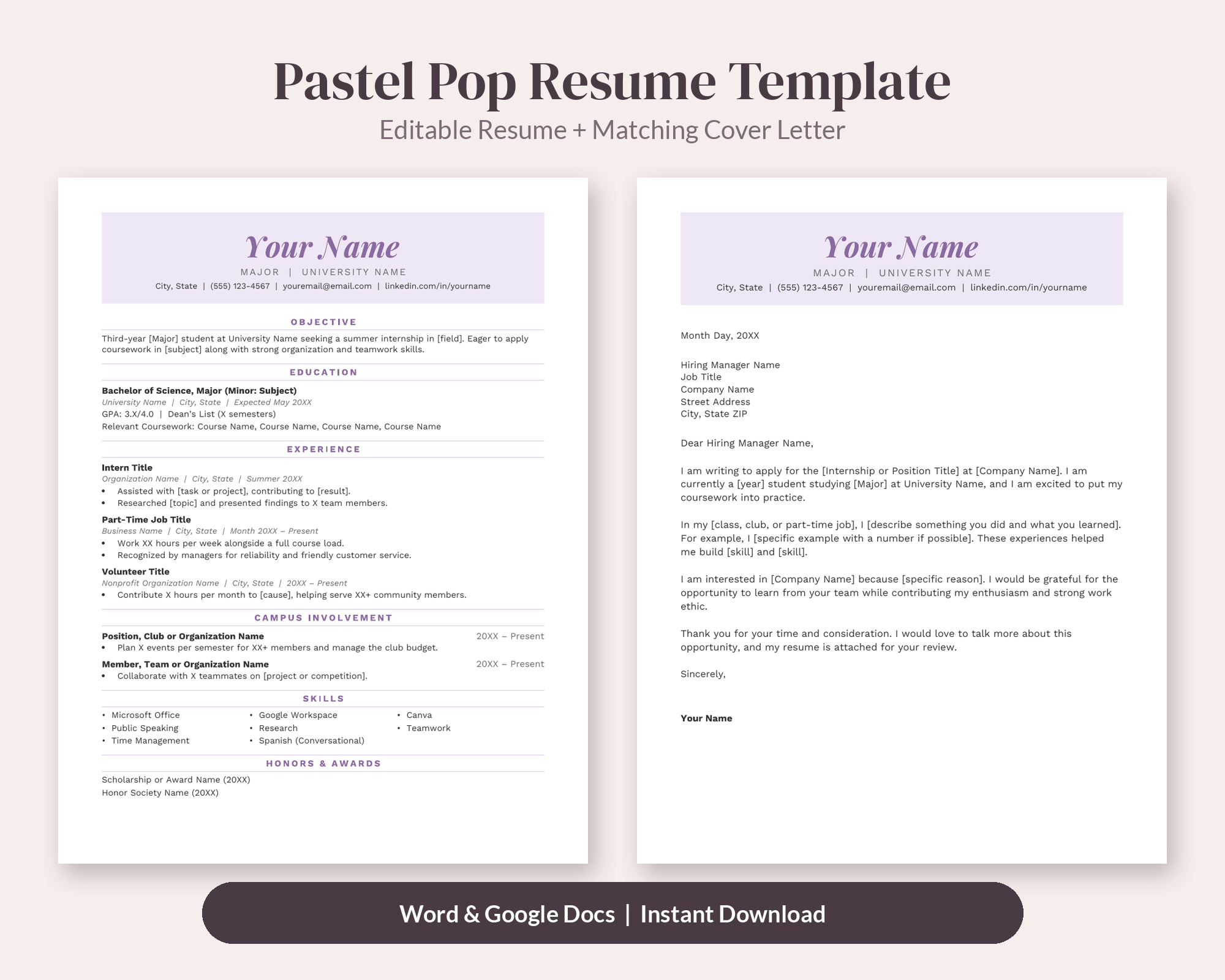 Pastel Pop Student Resume Template + Cover Letter – Resume Templates by SpoonfulOfCalmStudio