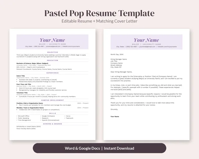 Pastel Pop Student Resume Template + Cover Letter – Resume Templates by SpoonfulOfCalmStudio