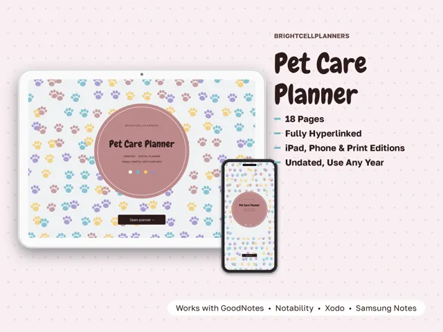Pet Care Planner – Digital Planners by BrightCellPlanStudio