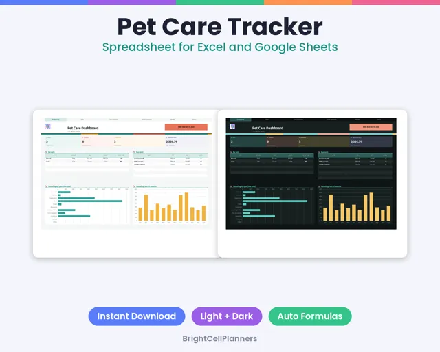 Pet Care Tracker – Spreadsheets by BrightCellPlanStudio
